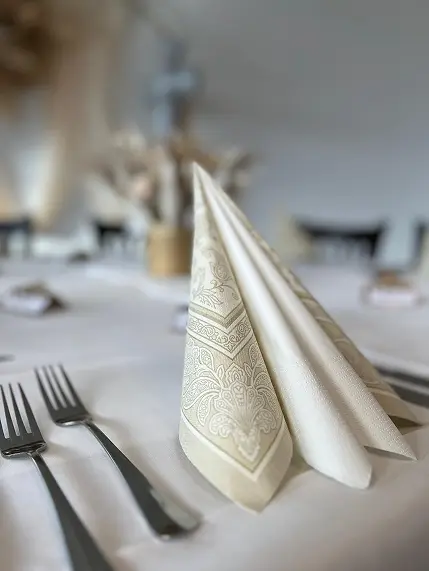 Startseite Stilvoll gedeckter Tisch mit Serviette für Feiern und Events